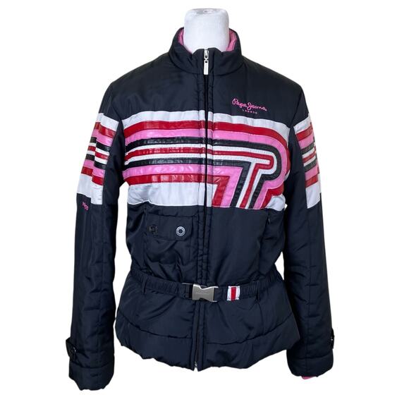 Pepe Jeans Jackets & Blazers - Pepe Jeans London Womens Sz M Vtg Y2K Sporty Moto Jacket Belted Striped Padded